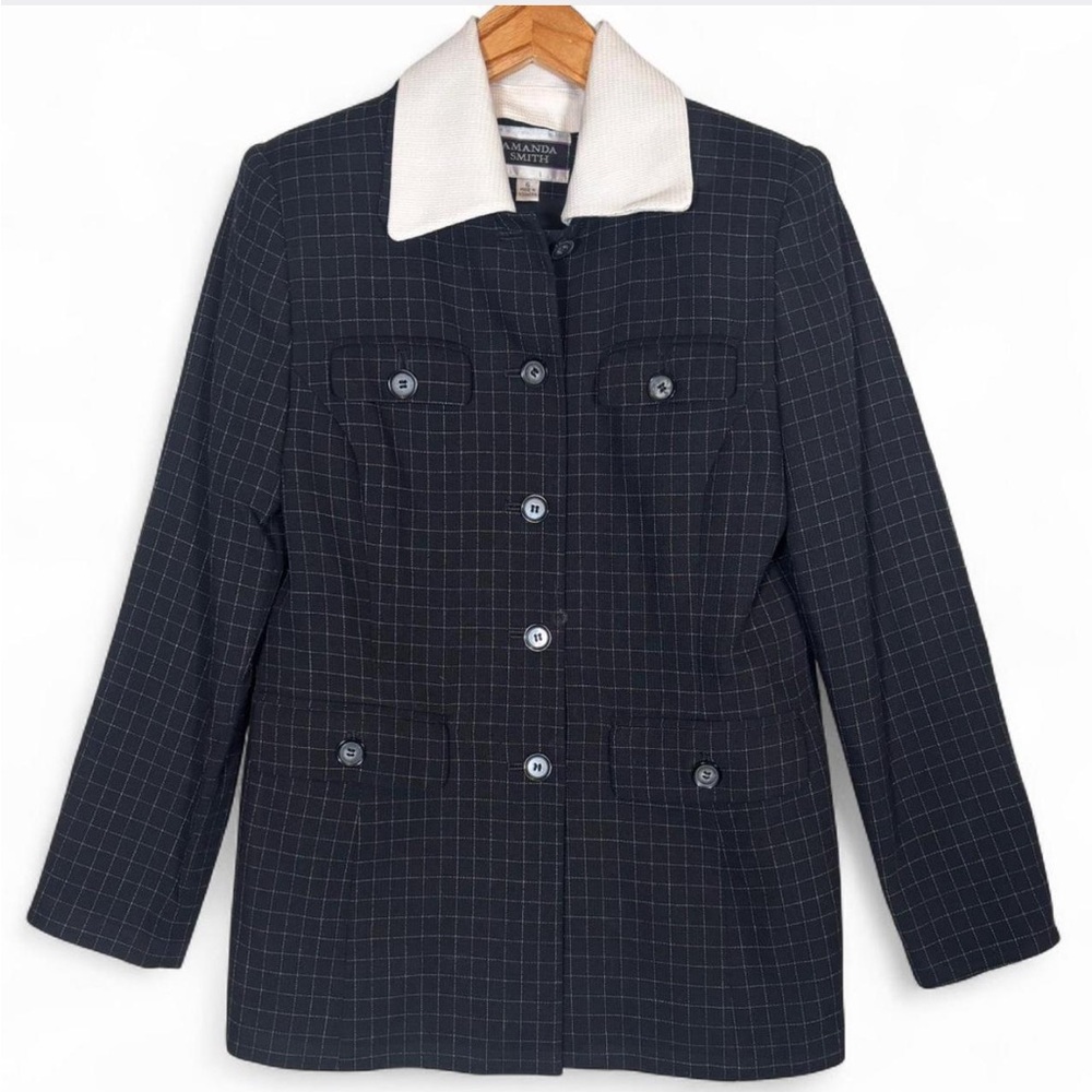 Vintage Amanda Smith Black Windowpane Blazer White Collar Shoulder Pads Size 6